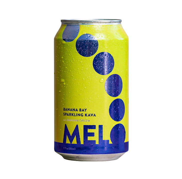A yellow and purple Melo Banana Bay Sparkling Kava can with banana cream flavor, zero sugar, and zero calories