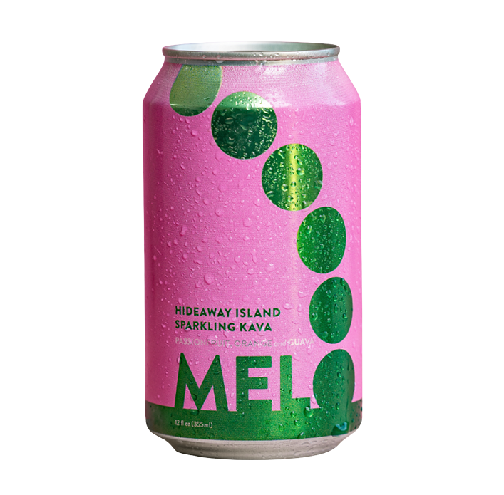 A can of Melo Hideaway Island Sparkling Kava in pink and green, with passionfruit, orange, and guava flavors.
