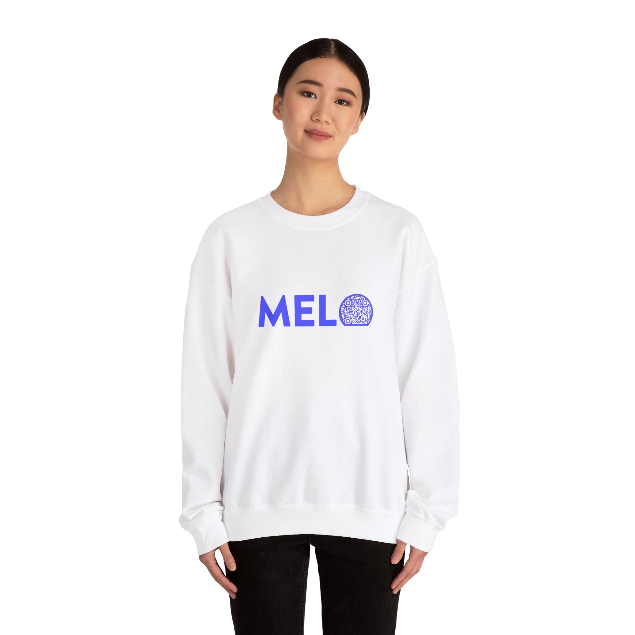 Melo Logo Sweater w/ Donation QR Code - Blue Text - Melo